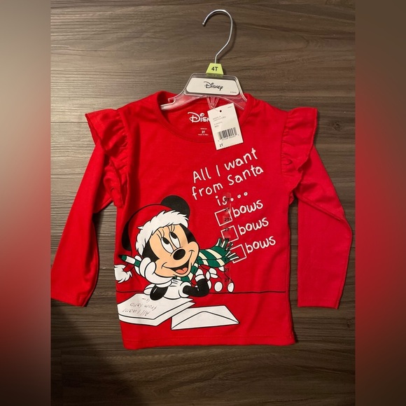 Disney Red Minnie Mouse Christmas Long Sleeve Girls Tee size 2T-NWT - Picture 1 of 5